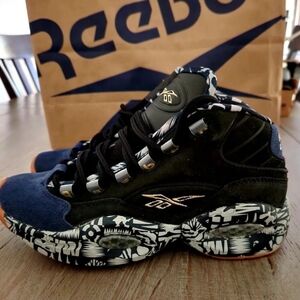 Iverson Reebok Black and Navy Sneakers with Patterned Sole